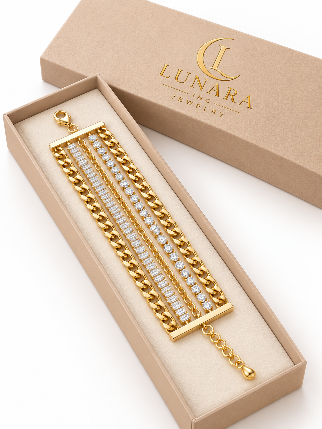 Five-Strand Gold Chain and Crystal Bracelet