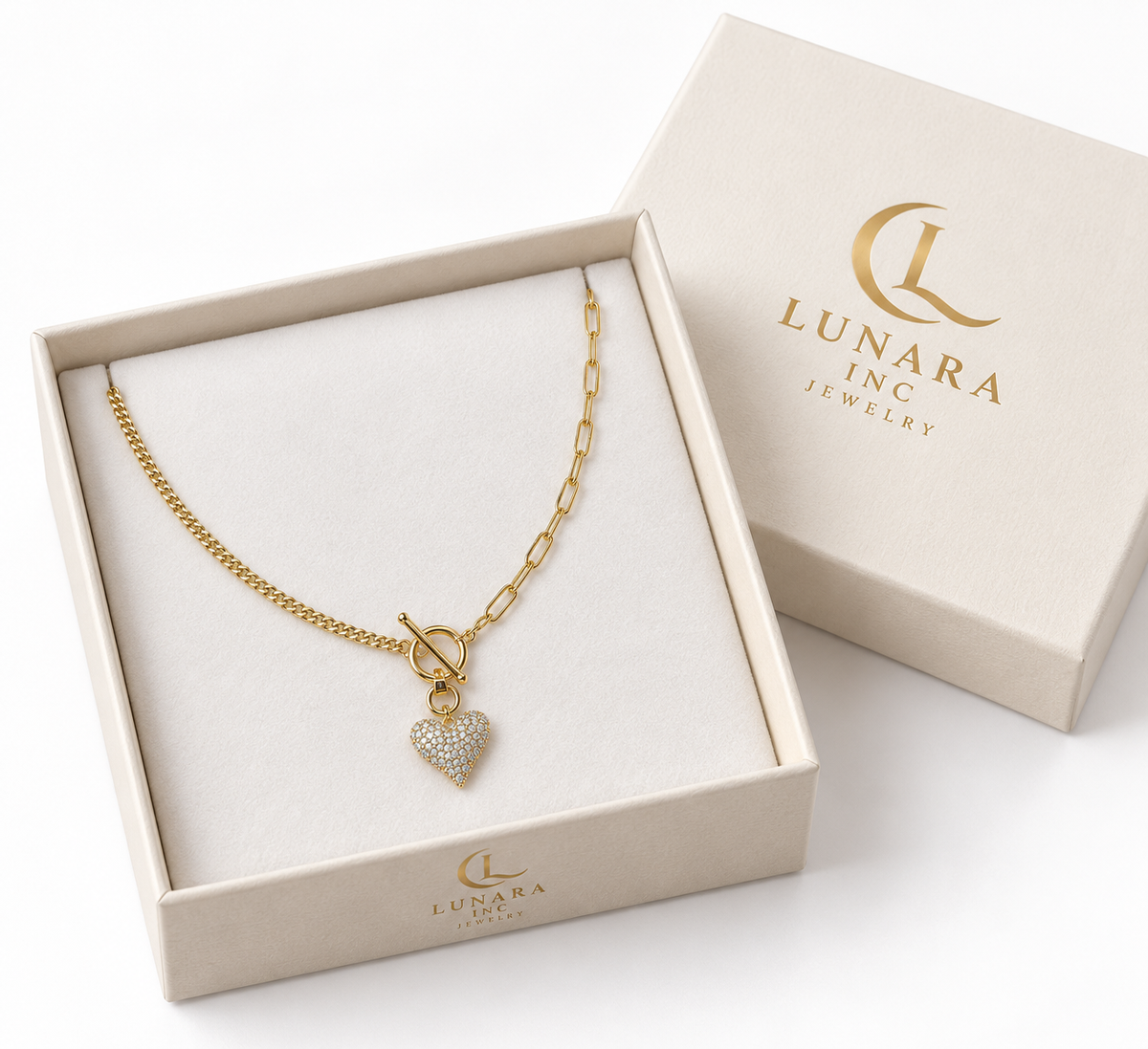 Pavé Heart Cuban & Paperclip Toggle Necklace