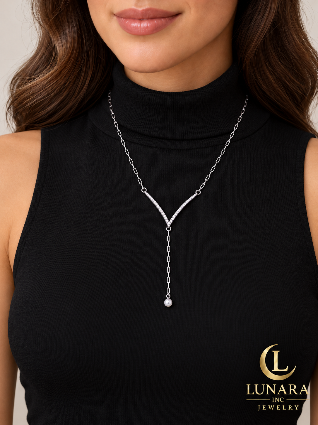 Crystal V & Pearl Drop Lariat Necklace