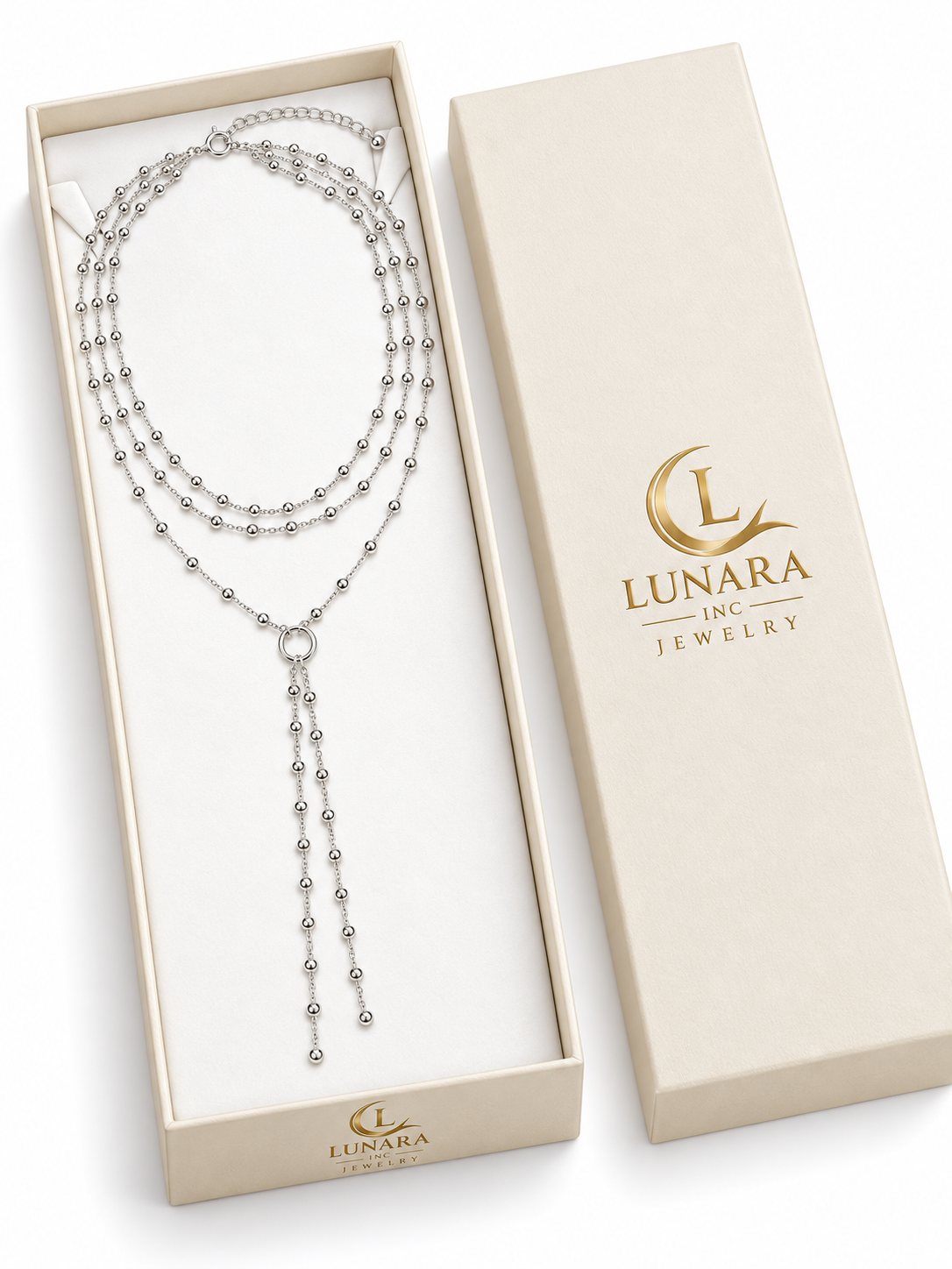 Triple-Layer Silver Bead Lariat Necklace