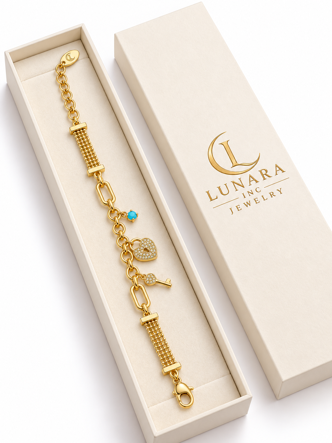 Aqua Crystal Lock & Key Charm Bracelet