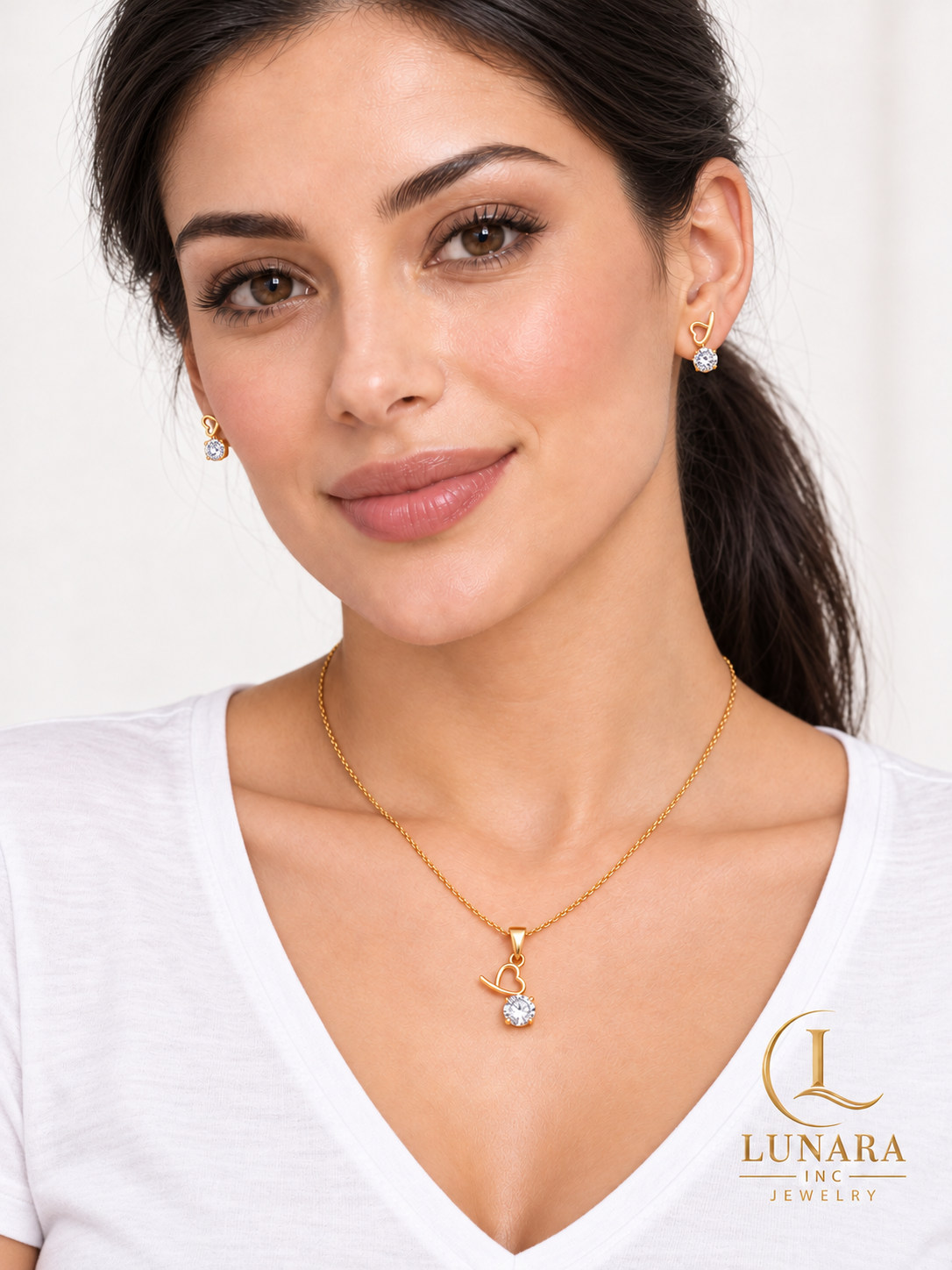 Golden Heart Sparkle Chain & Earrings Set