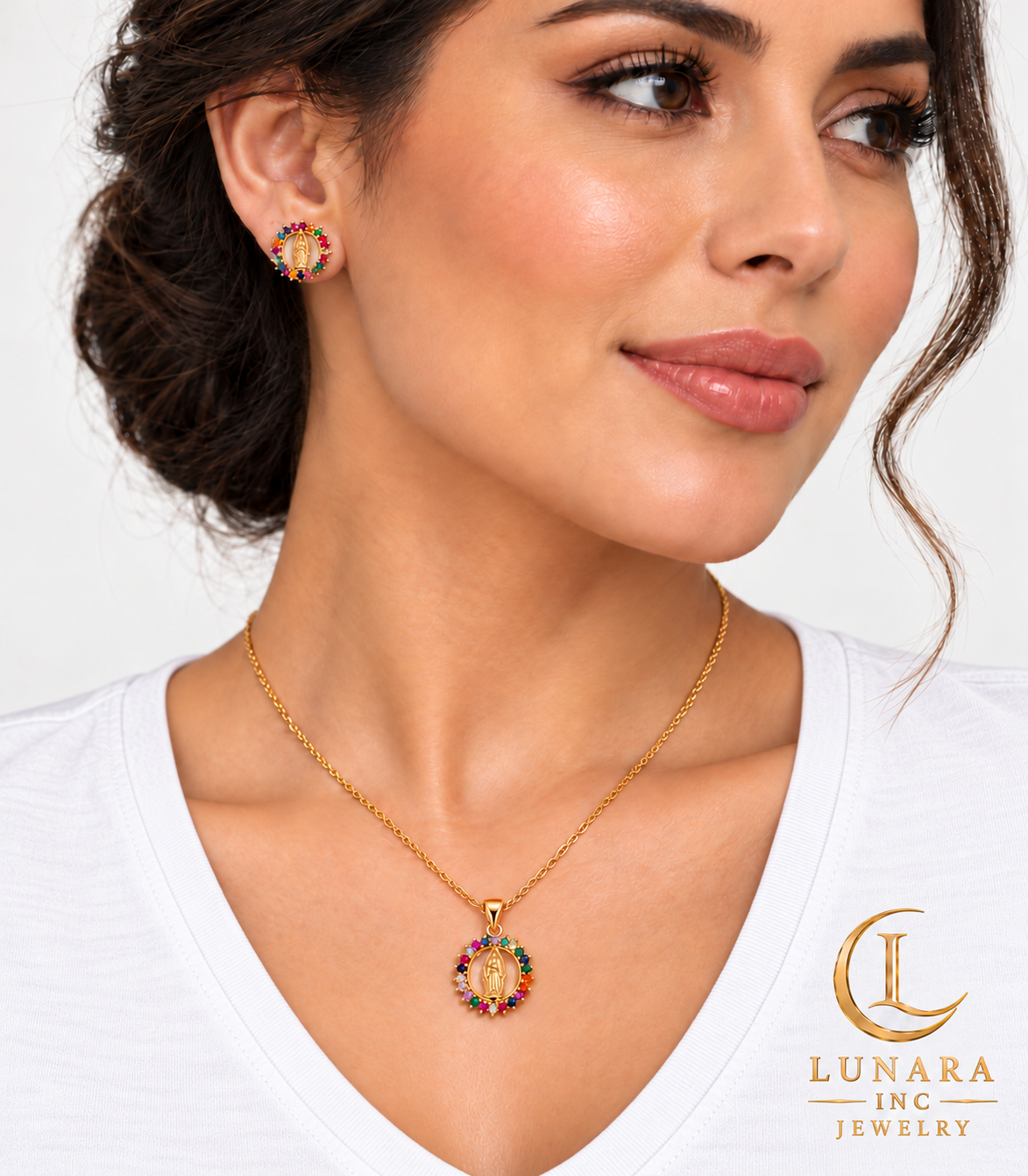 Virgen de Guadalupe Multicolor Medallion Chain & Earrings Set