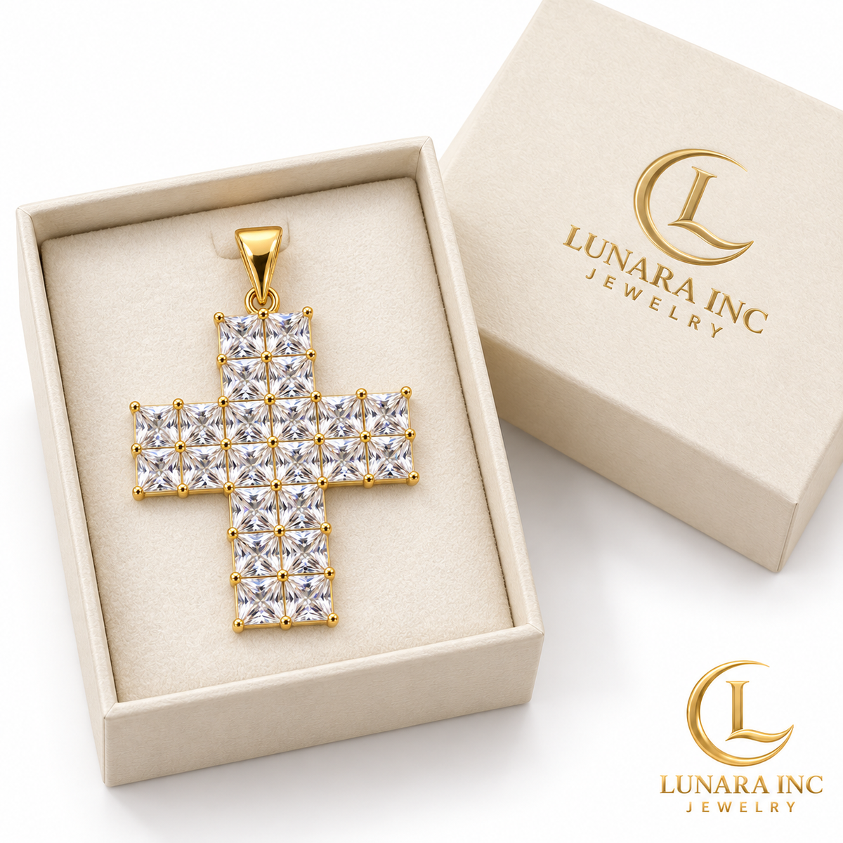Princess-Cut Cross Pendant — Gold Tone