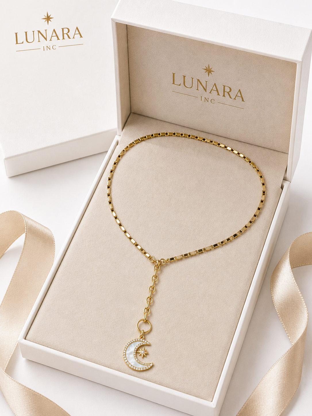Celestial Mother of Pearl Moon Lariat Necklace