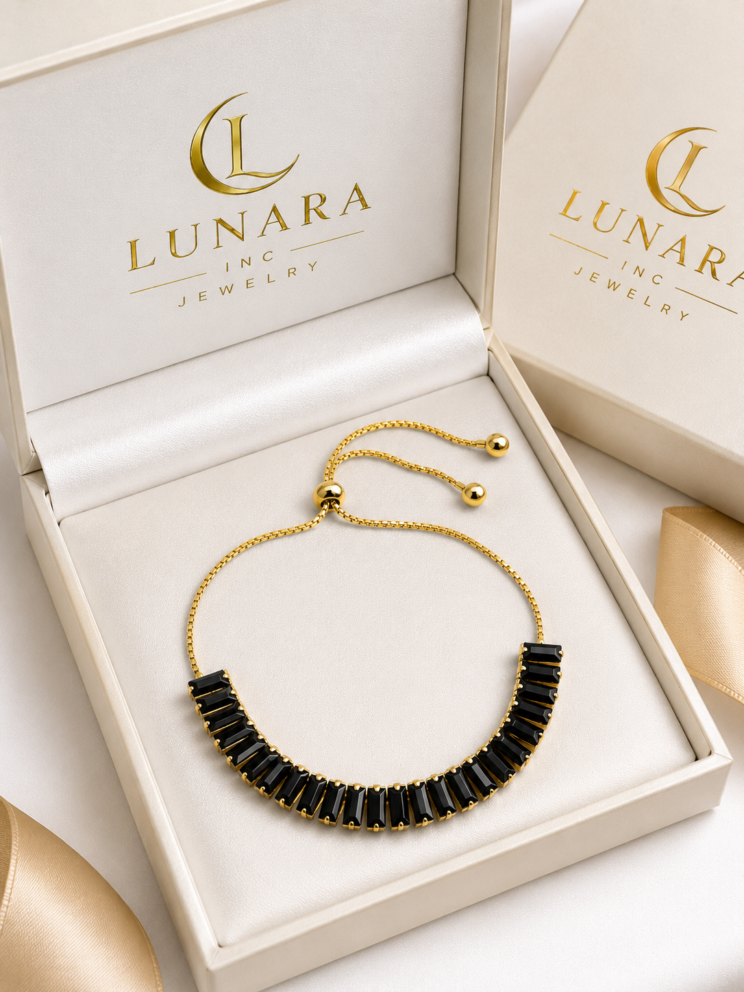Lunara Black Baguette Adjustable Bracelet – Gold Tone