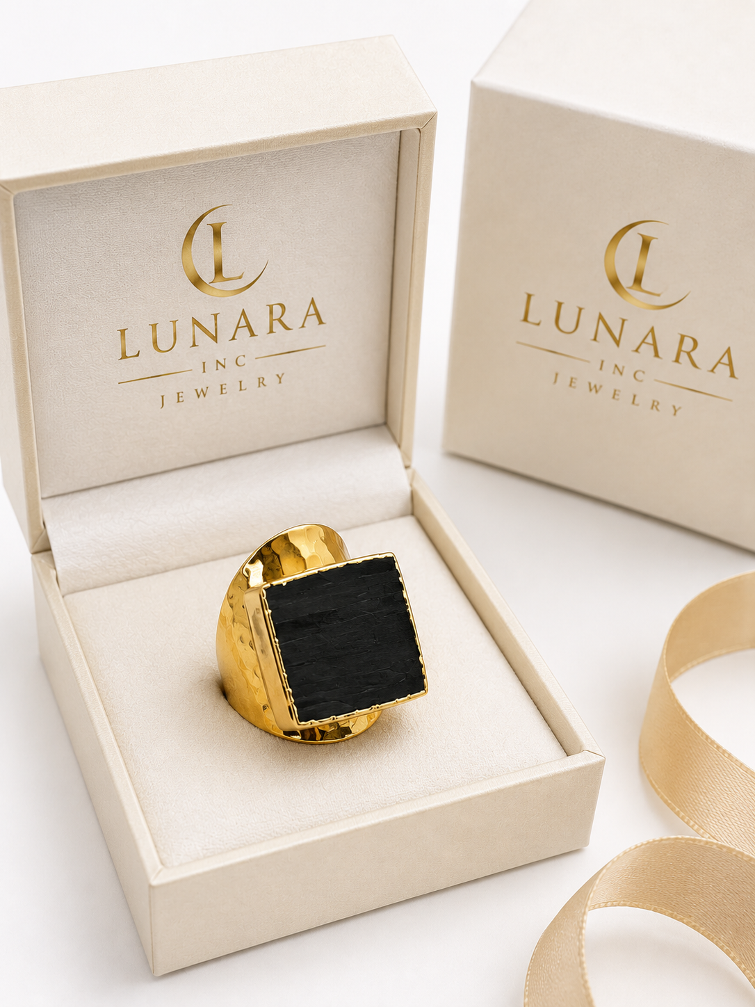Lunara Open Size Black Statement Ring – Gold Tone