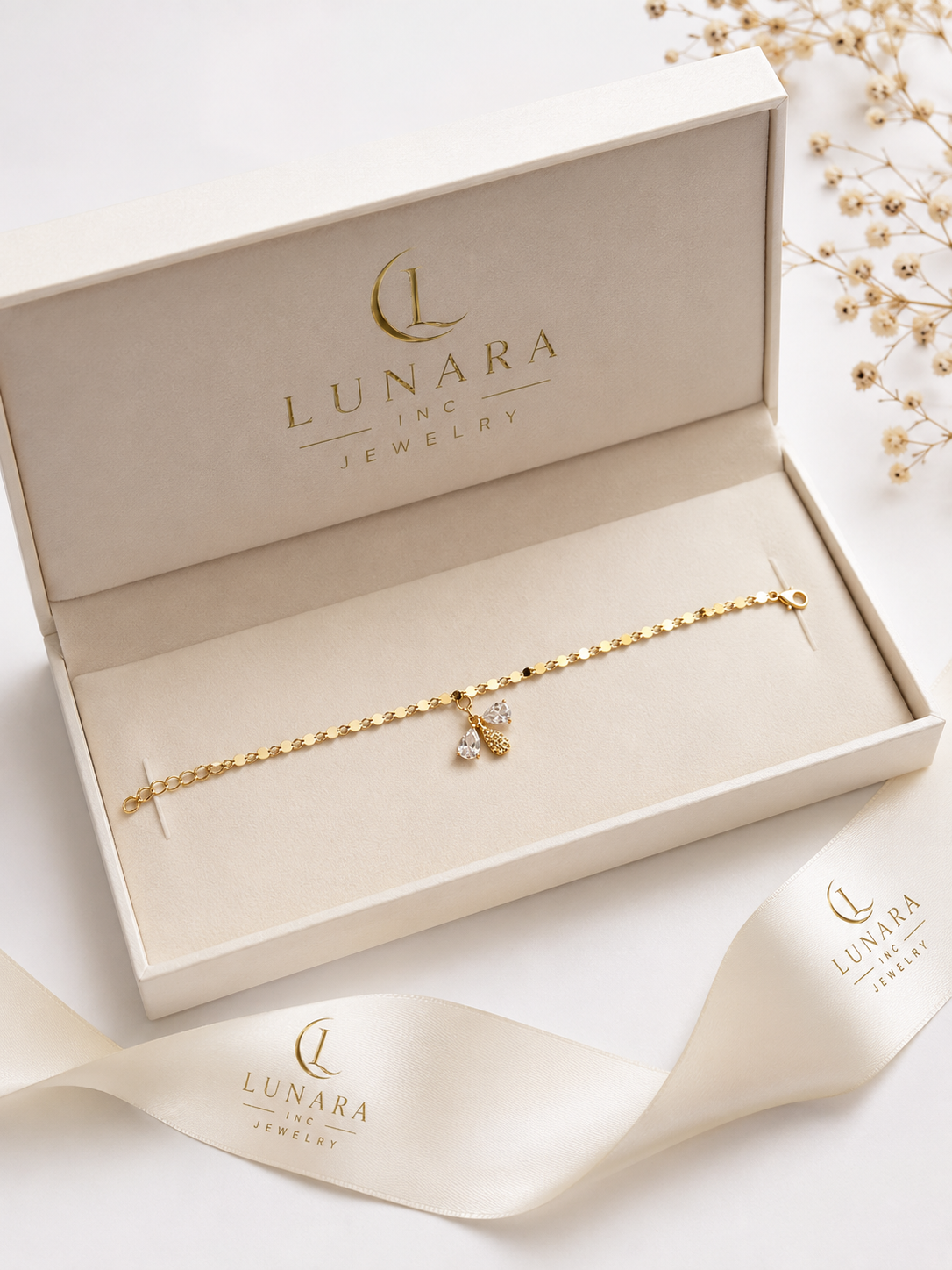 Lunara Bee Charm Bracelet – Gold Beaded Chain with Crystal Accents