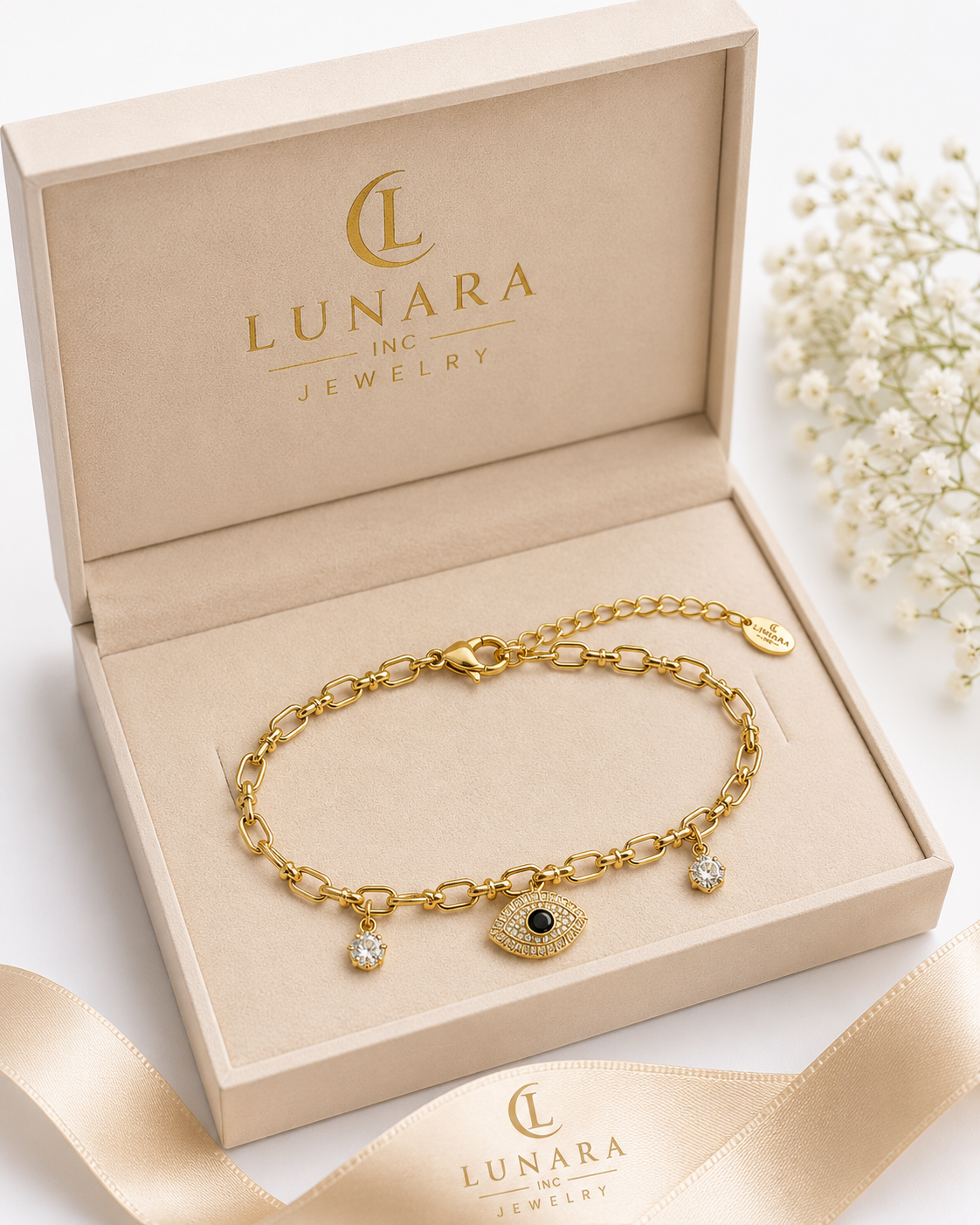 Lunara Evil Eye Charm Bracelet – Gold Link Chain with Clear Crystal Charms