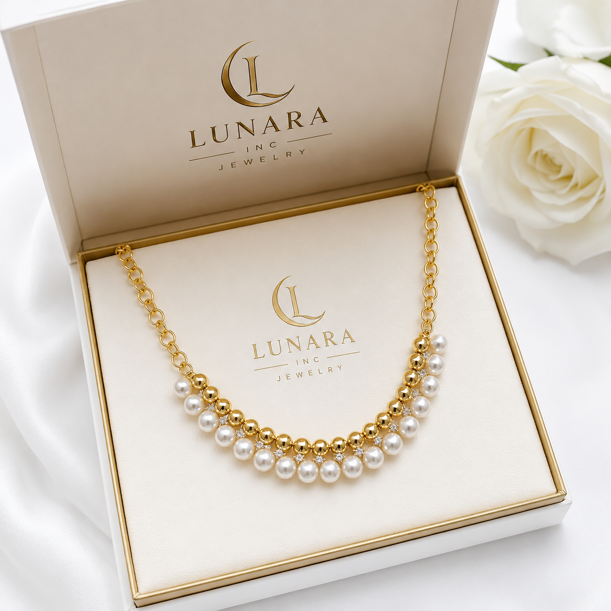 Elegant Gold & Pearl Statement Necklace with Crystal Accents