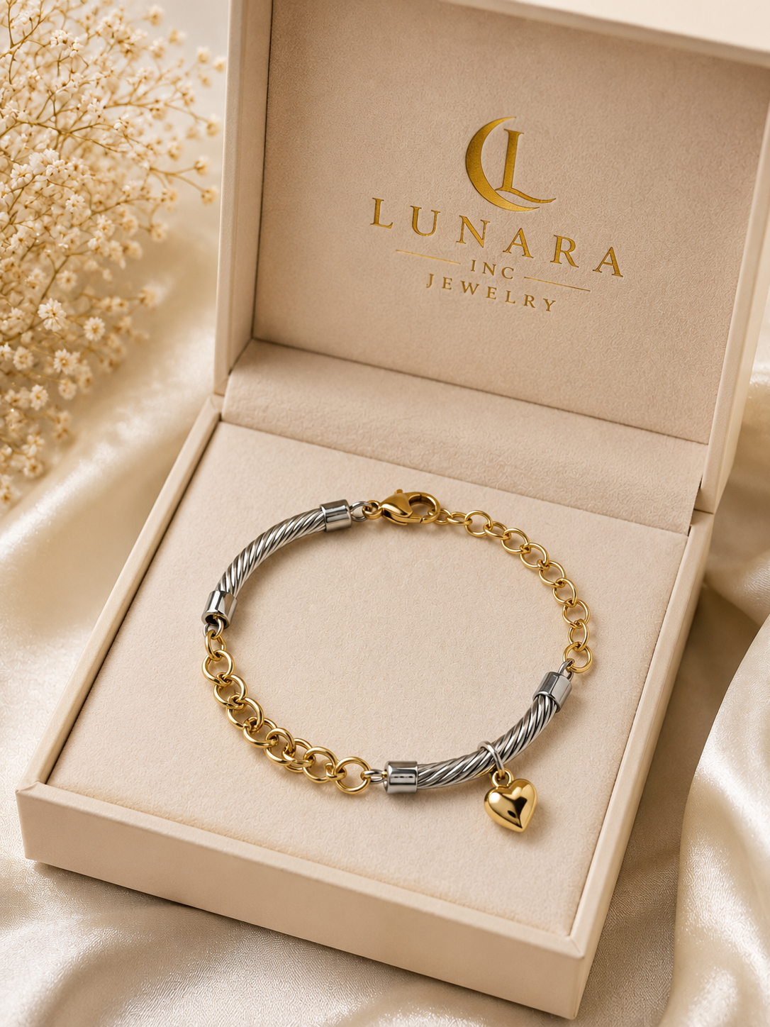 Lunara Two-Tone Cable Heart Bracelet – Gold & Silver