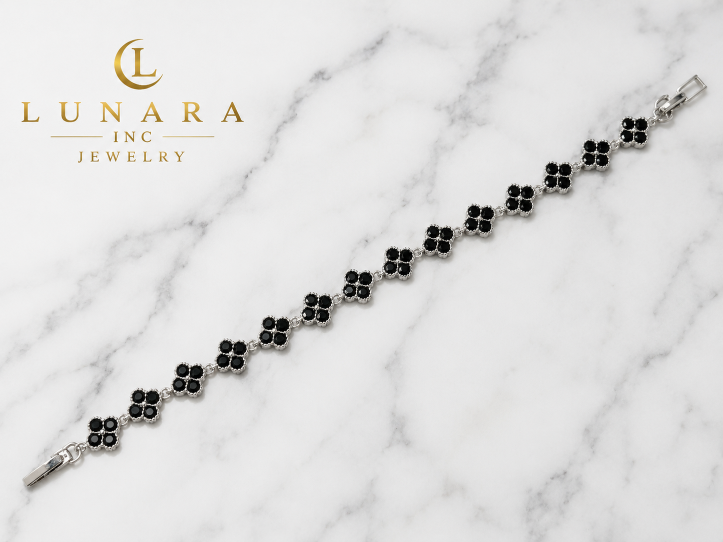 Lunara Black Clover Bracelet – Silver Tone Floral Link Bracelet