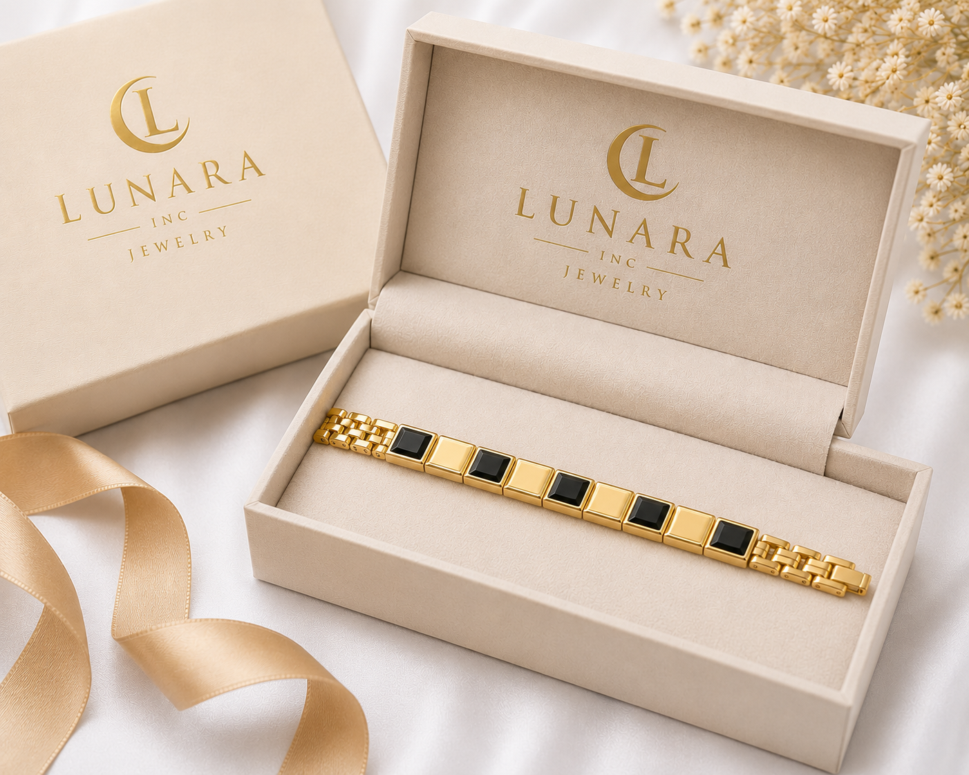 14K Gold Black & Gold Geometric Link Bracelet – Modern Statement Bracelet for Women