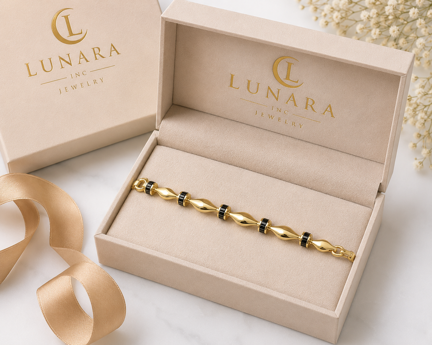 14K Gold Twisted Link Bracelet with Black Accents – Elegant Women’s Bracelet
