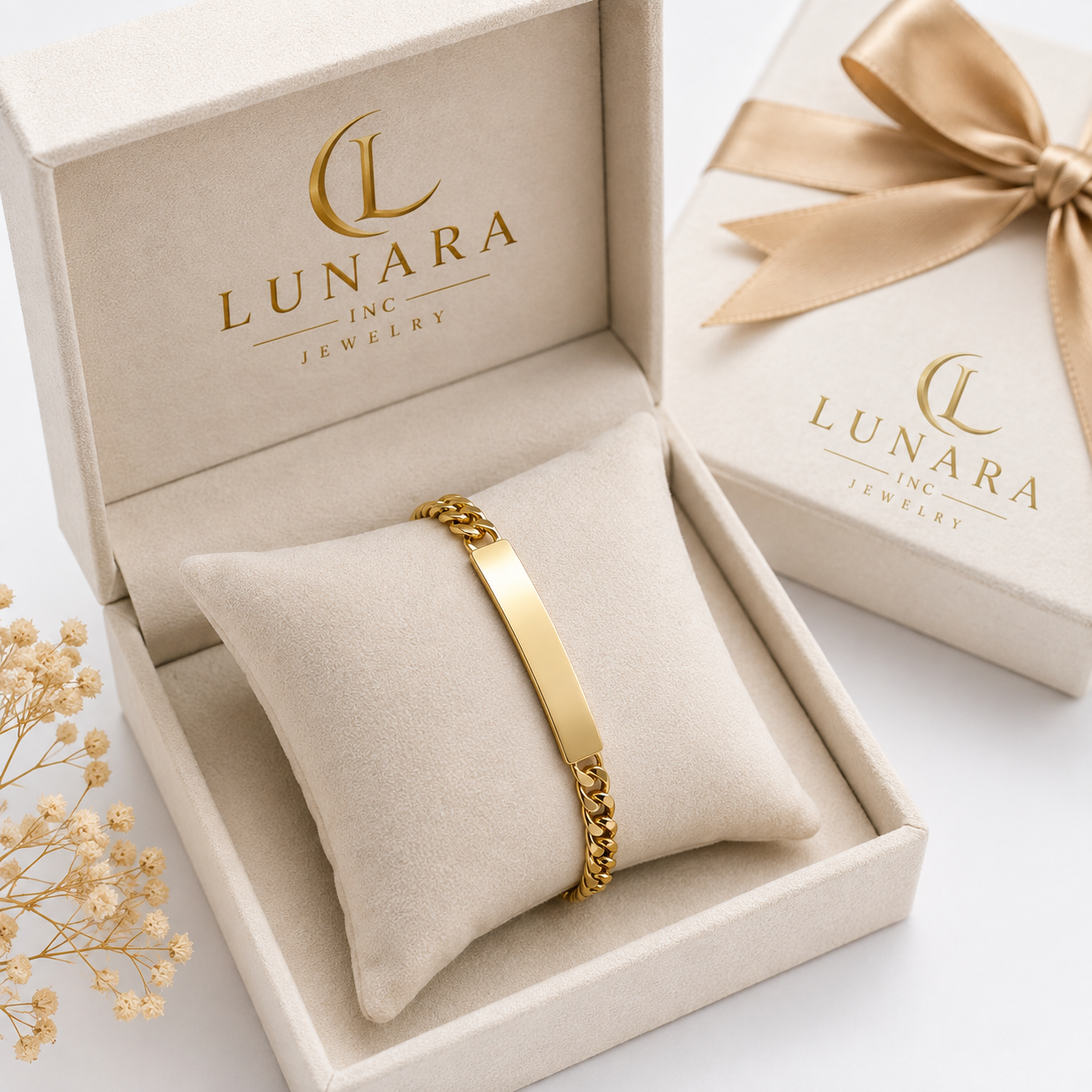 Lunara Gold Cuban Link ID Bracelet – Classic Engravable Plate
