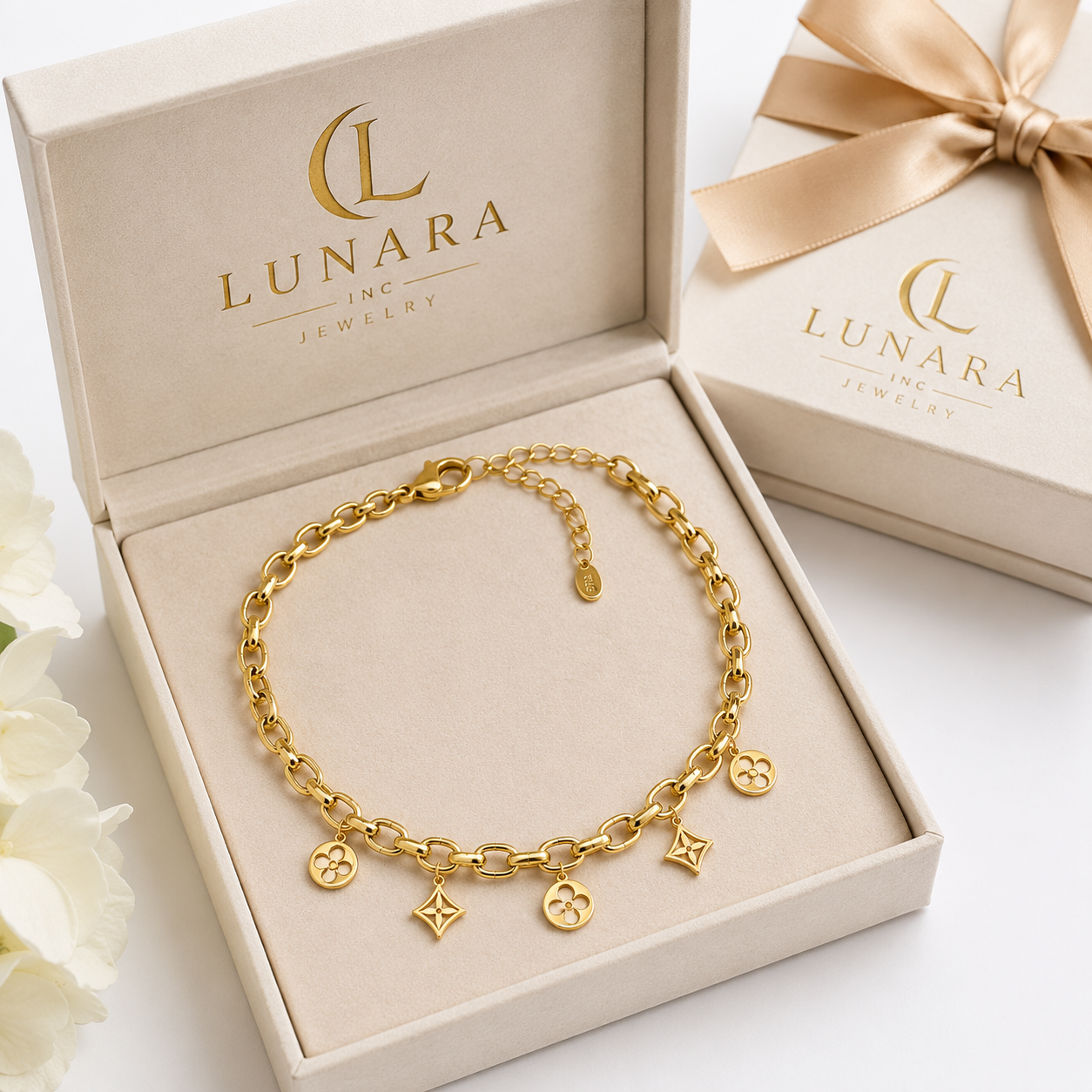Lunara Gold Charm Link Bracelet – Floral & Star Charm Design