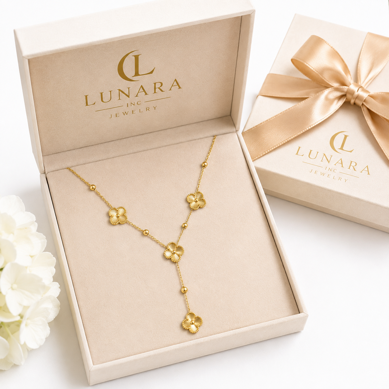 Lunara Gold Clover Y Necklace – Delicate Floral Station Design