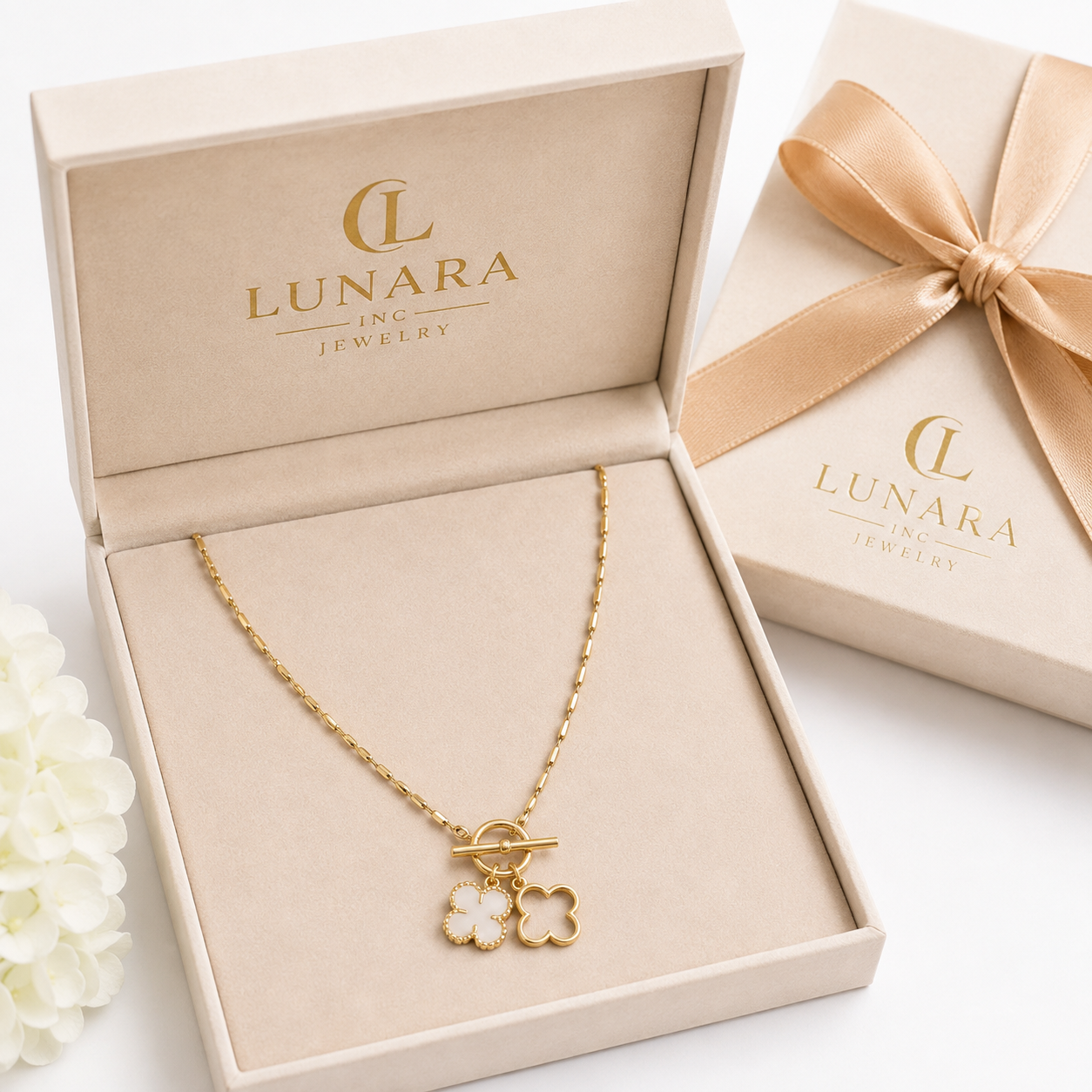 Lunara Gold Clover Toggle Necklace – Black & White Charm Pendant