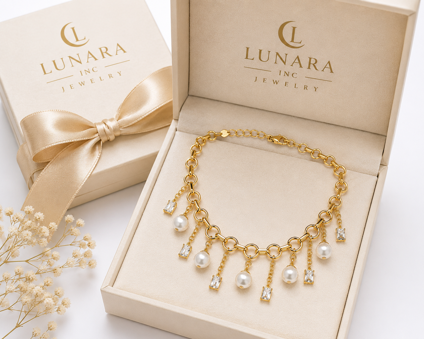 14K Gold Filled Pearl & Crystal Charm Link Necklace – Elegant Statement Necklace