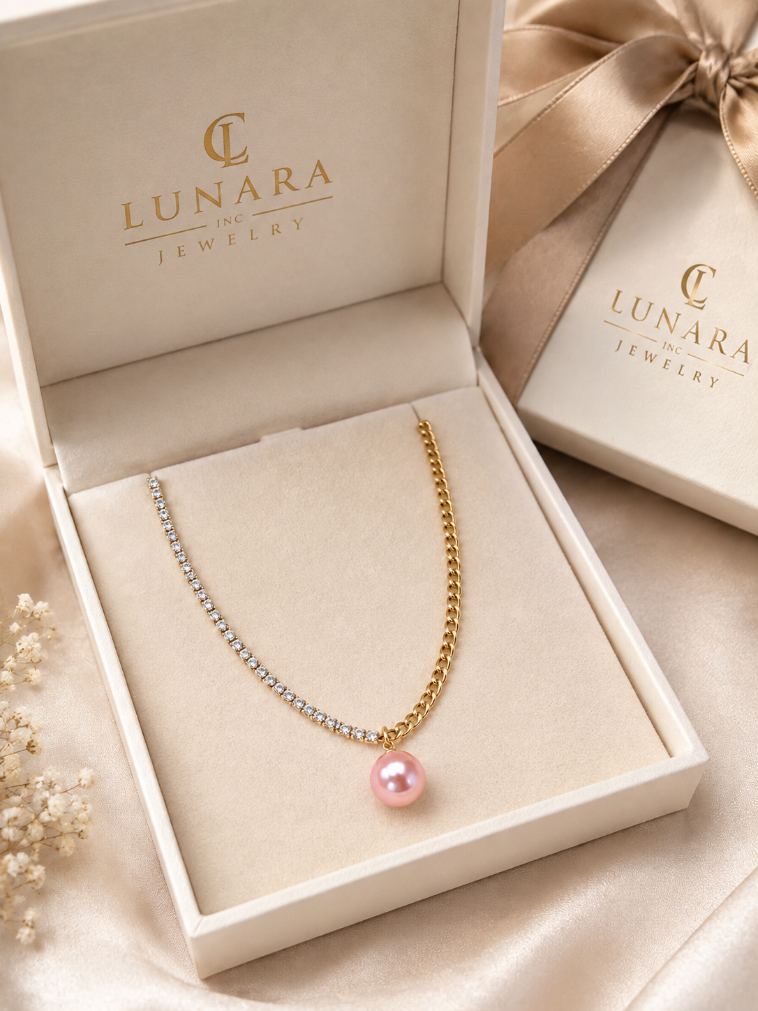 14K Gold Filled Pink Pearl & CZ Half Tennis Necklace – Elegant Two-Tone Necklace