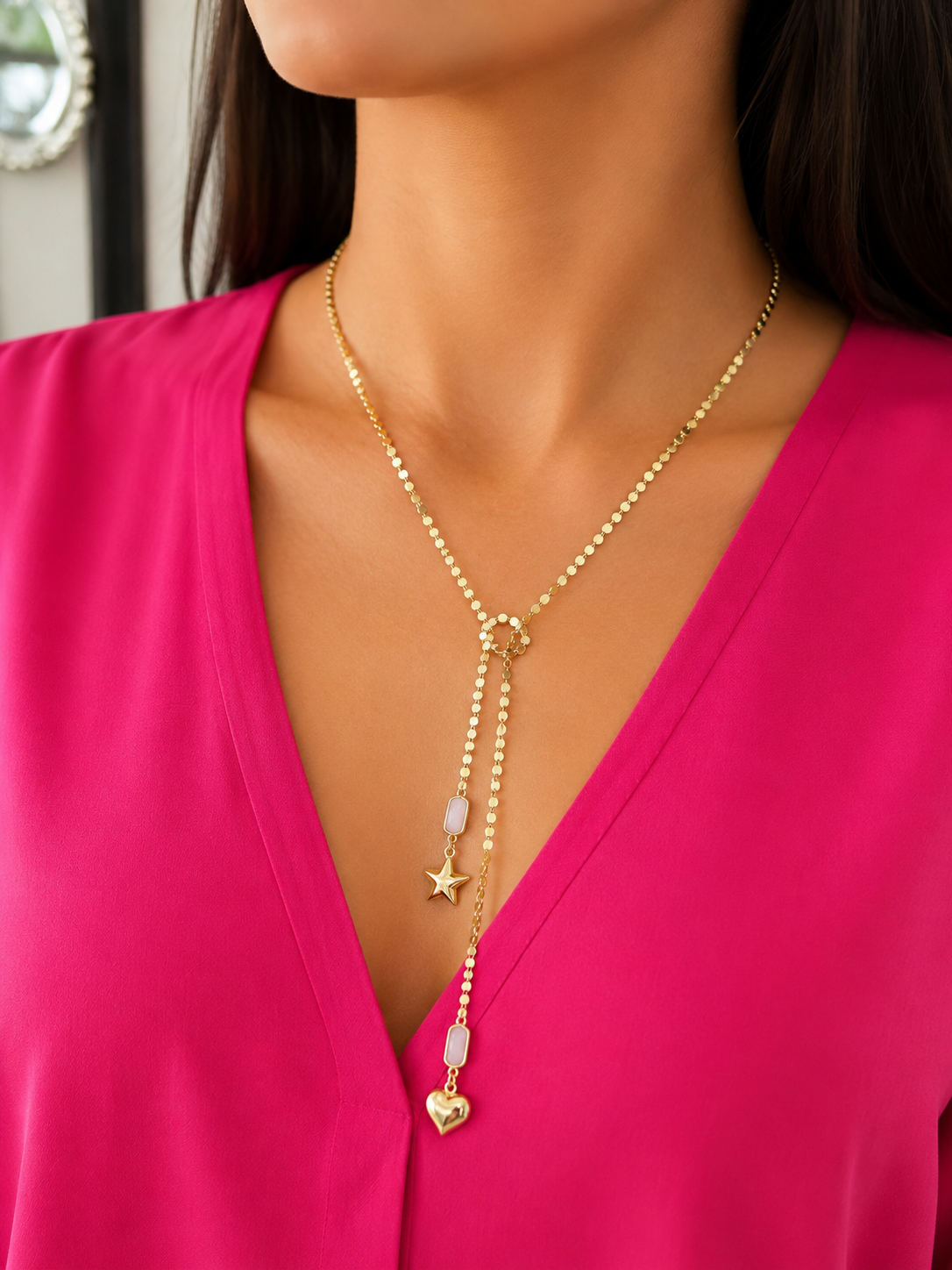 Lunara Gold Layered Lariat Necklace with Heart & Star Charms – Pink Stone Pendant Necklace for Women