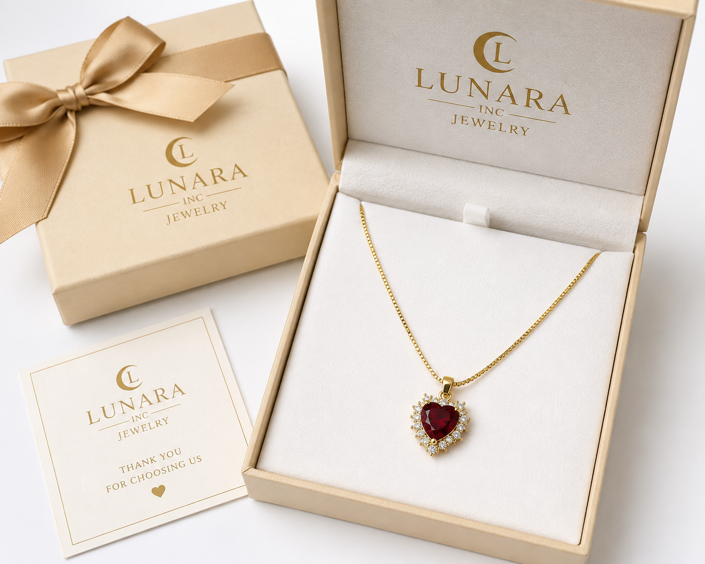 Lunara 14K Gold Ruby Heart Necklace – Red Crystal Heart Pendant with CZ Halo