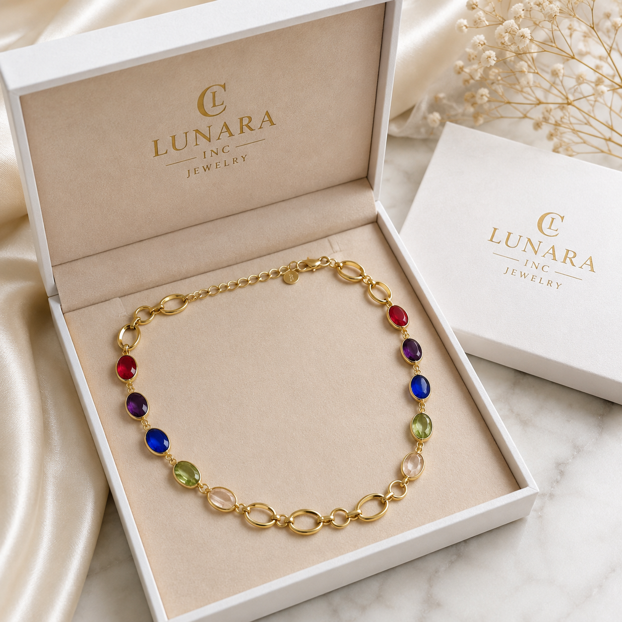 Lunara 14K Gold Multi-Color Gemstone Link Necklace – Elegant Statement Chain for Women
