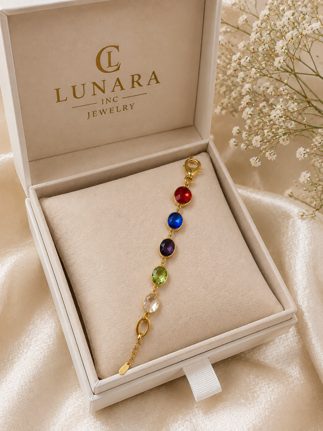 Lunara 14K Gold Multi-Color Gemstone Bracelet – Rainbow Crystal Link Bracelet for Women