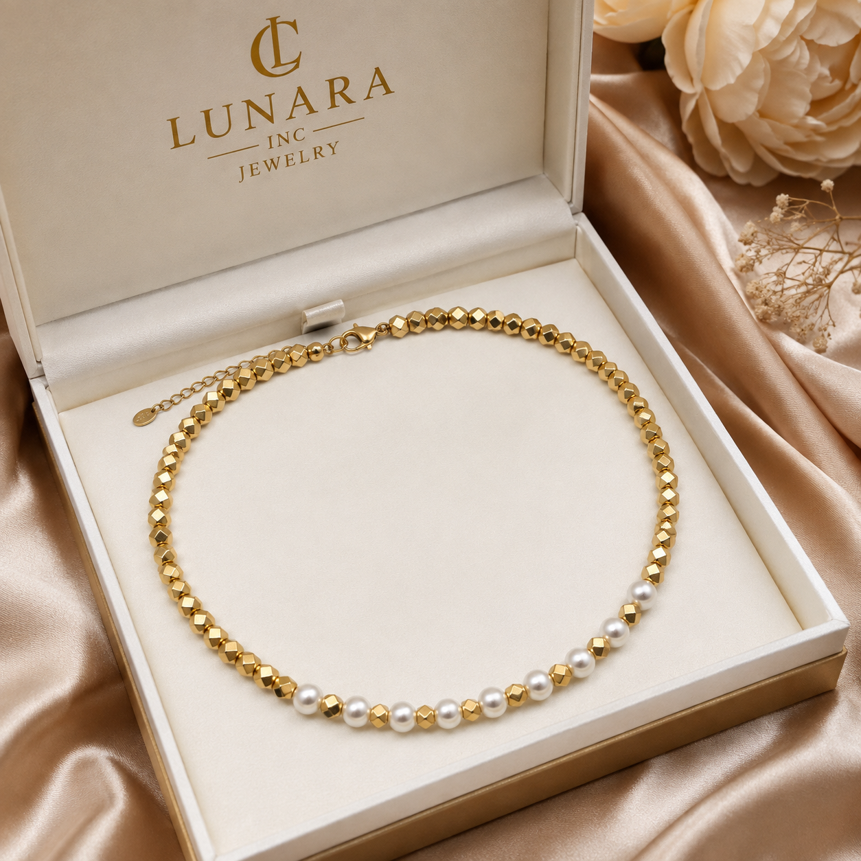 Lunara 14K Gold Pearl Beaded Choker Necklace – 6mm Pearl Minimalist Necklace for Women