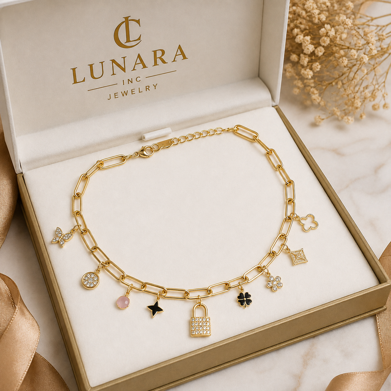 Lunara 14K Gold Paperclip Charm Choker Necklace – Lucky Clover & Lock Charm Necklace for Women