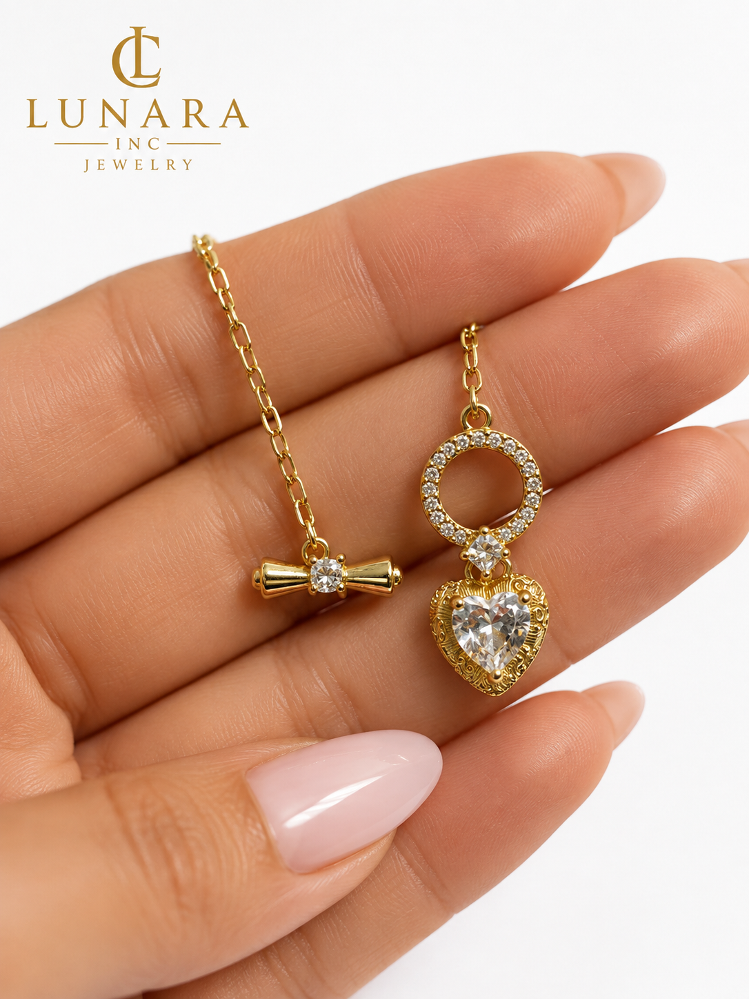 Lunara 14K Gold Heart Charm Necklace – CZ Bow & Heart Pendant Necklace for Women