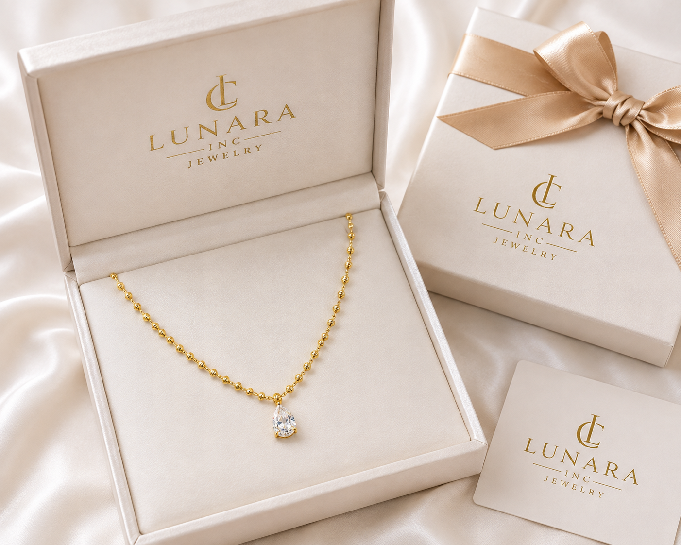 Lunara 14K Gold Teardrop CZ Necklace – Dainty Beaded Chain Pendant Necklace for Women