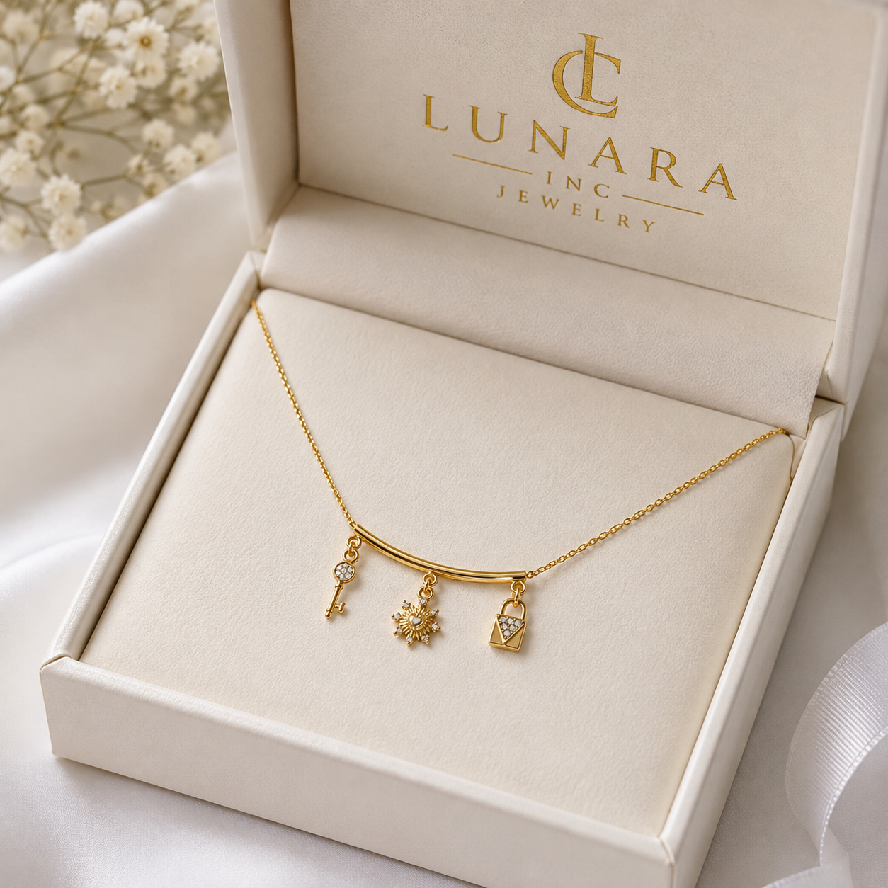 Lunara 14K Gold Lucky Charm Necklace – Key, Heart Sun & Lock Charm Necklace for Women