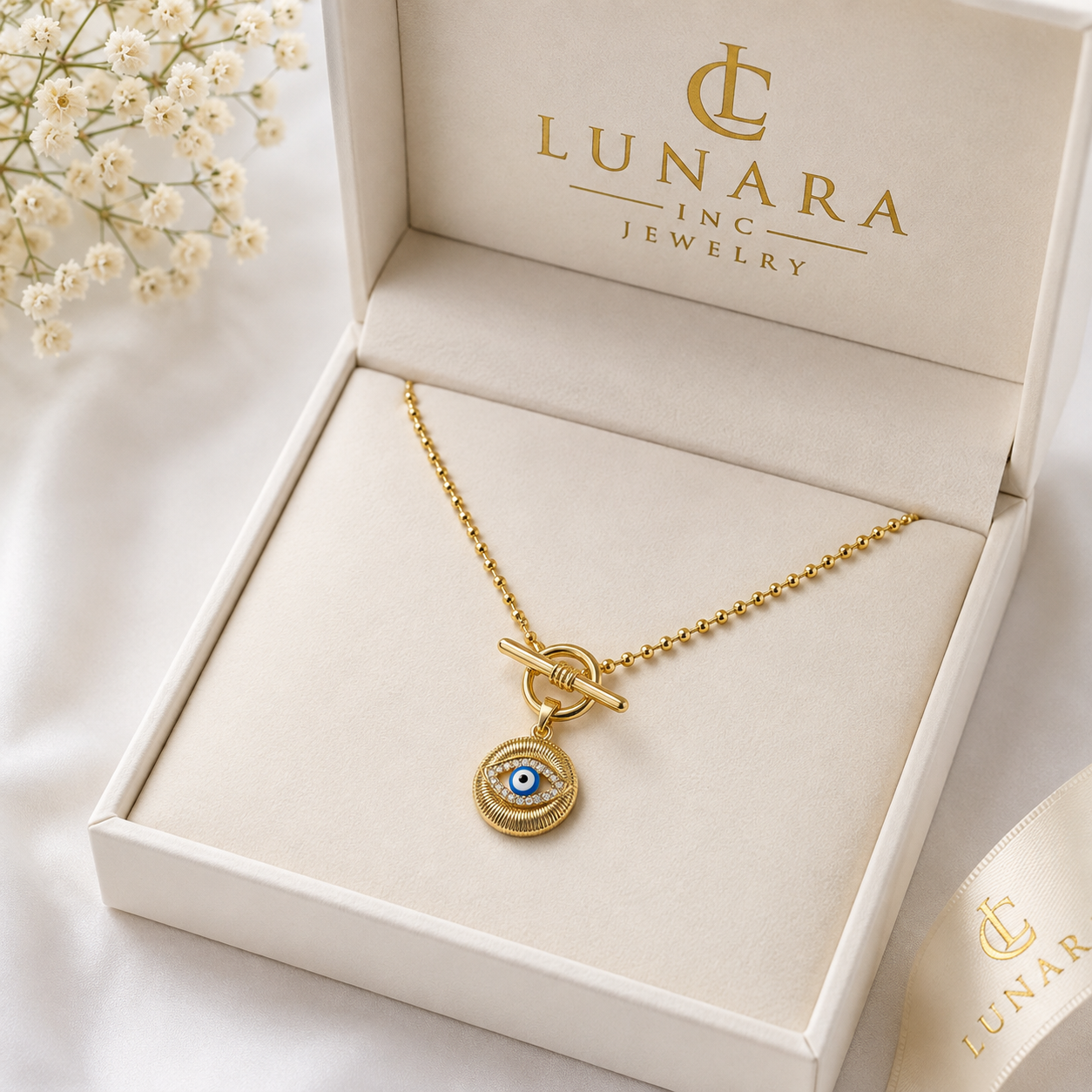 Lunara 14K Gold Evil Eye Toggle Necklace – Protection Charm Beaded Necklace for Women