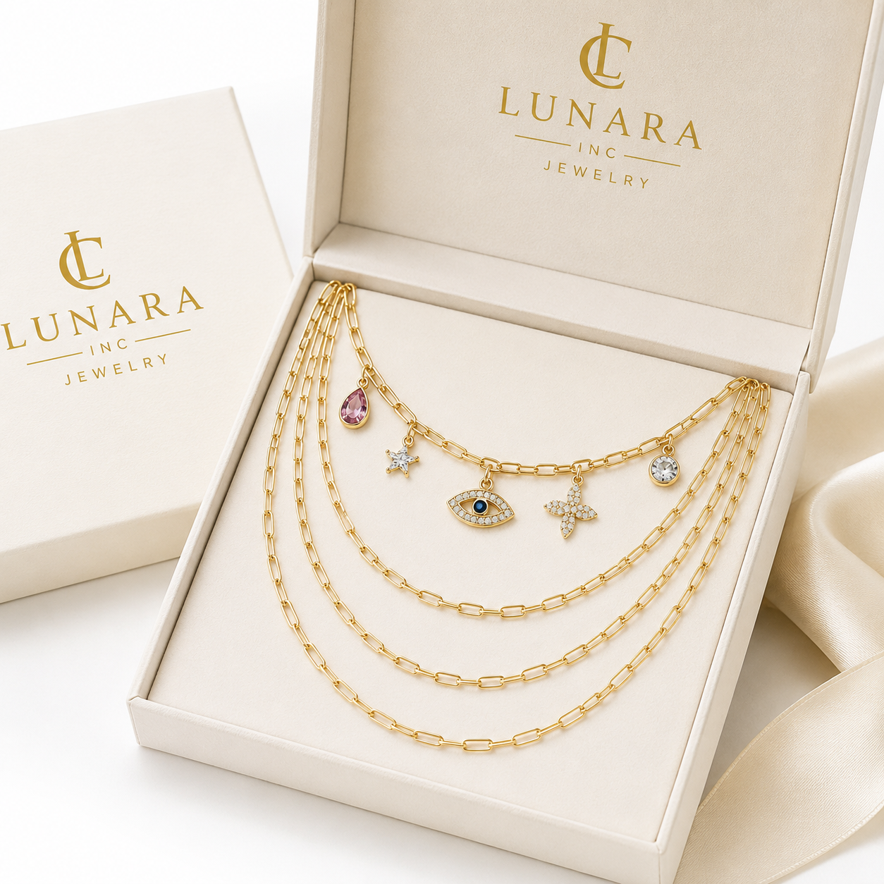 Lunara 14K Gold Layered Paperclip Charm Necklace – 4 Layer Evil Eye & Crystal Charm Necklace for Women