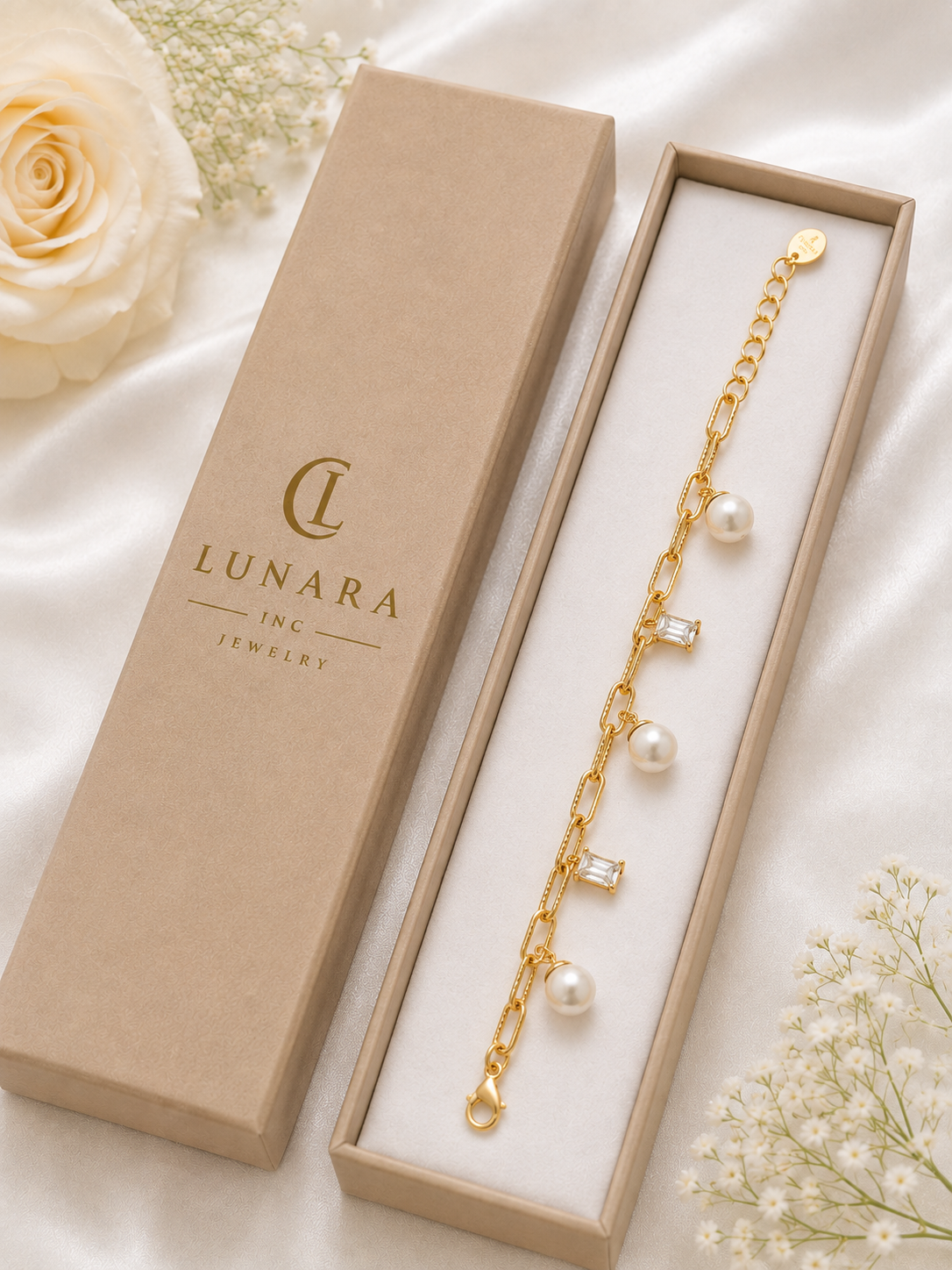 Pearl & Baguette Charm Gold Bracelet