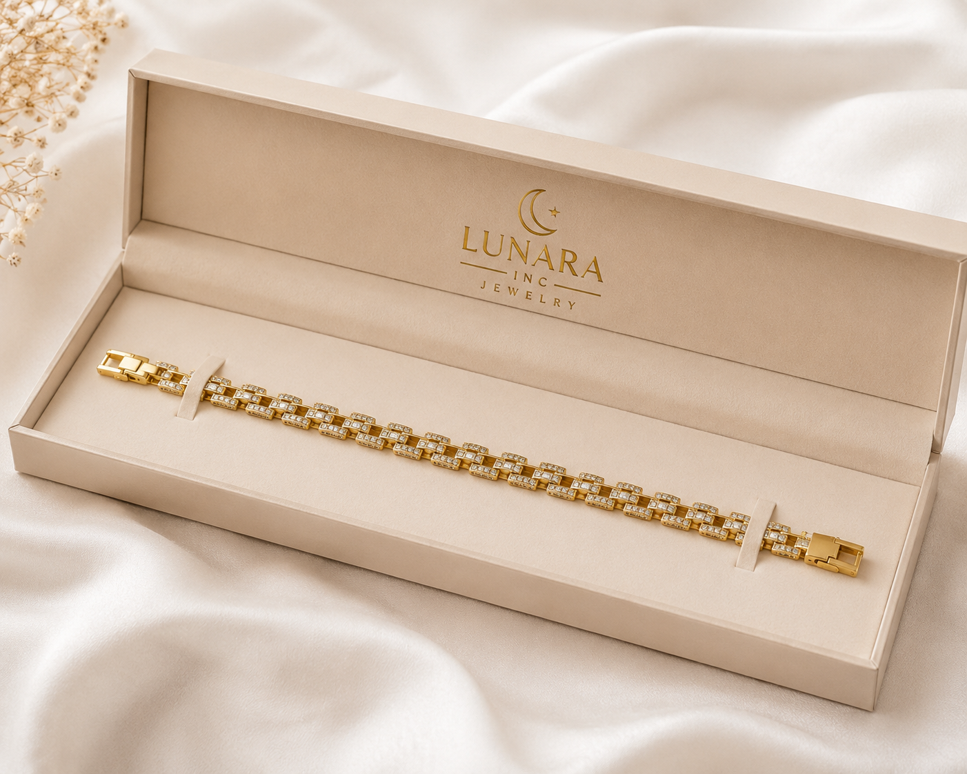 Luxury Rectangular CZ Link Bracelet – Gold Plated