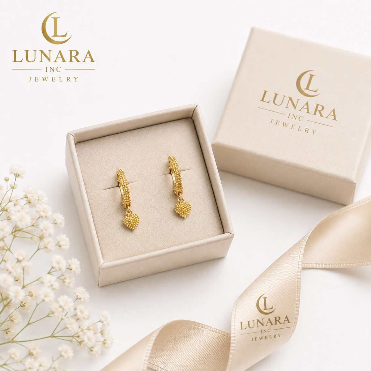 Golden Beaded Heart Huggie Earrings