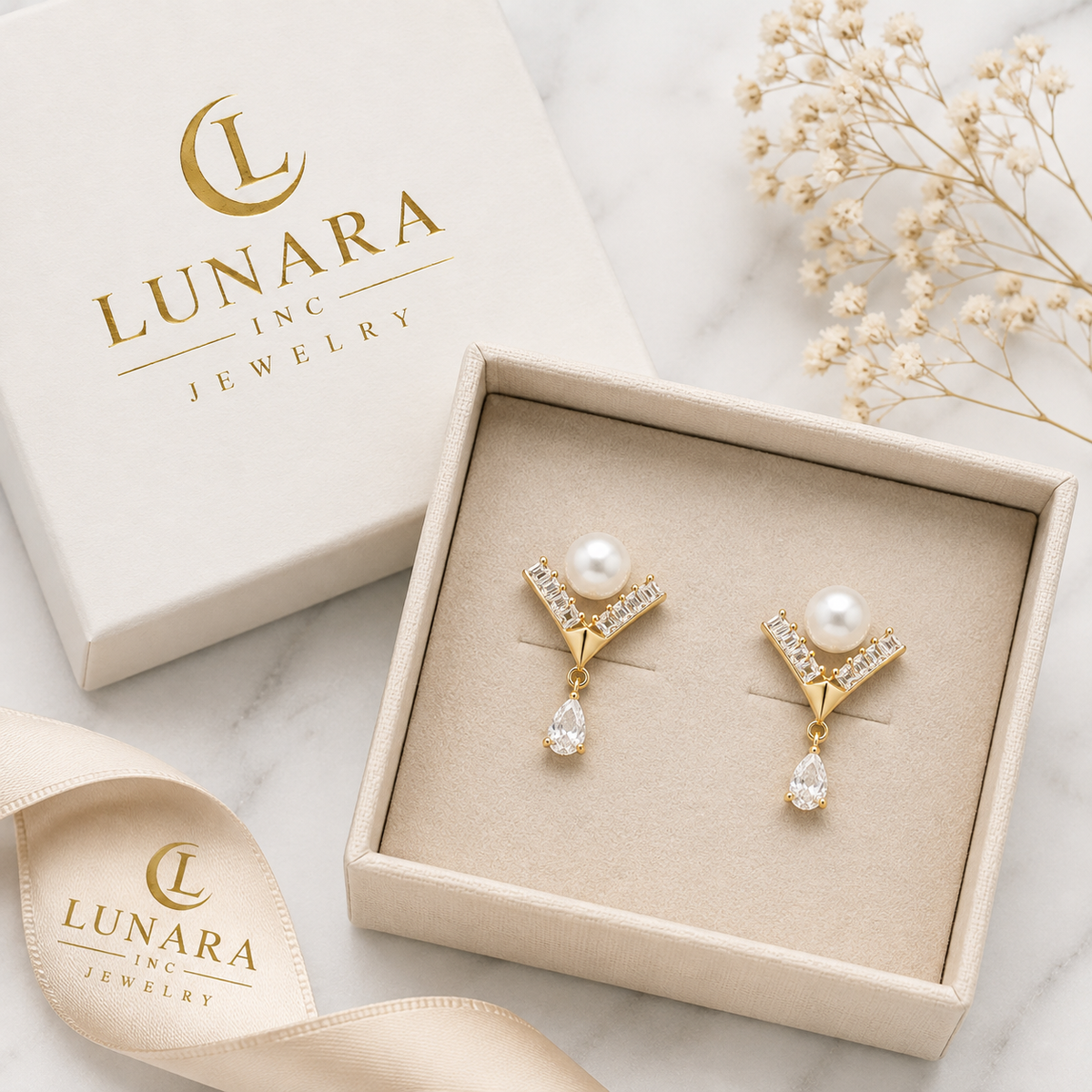 Pearl Chevron Crystal Drop Earrings