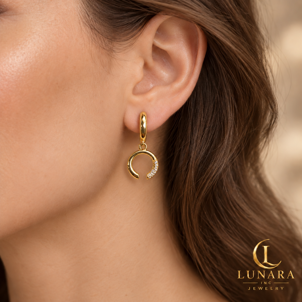 Golden Crescent Zirconia Earrings