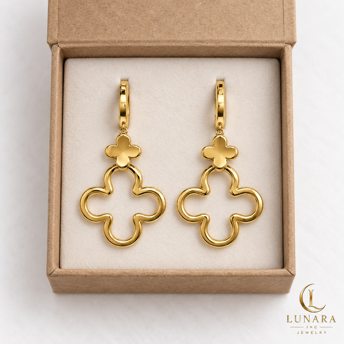 Golden Double Clover Drop Earrings