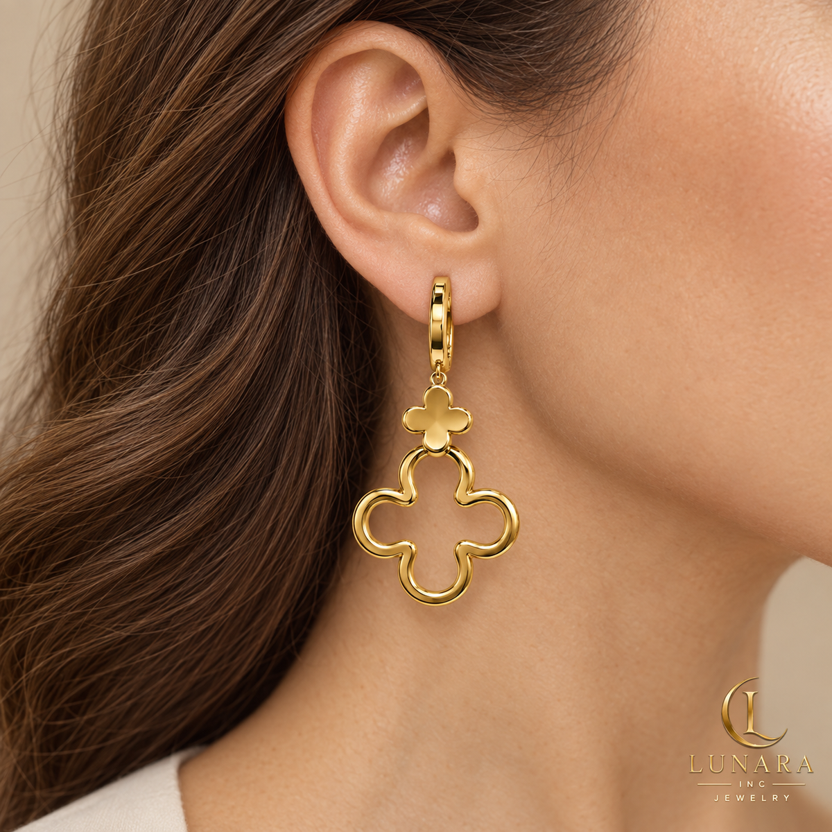 Golden Double Clover Drop Earrings