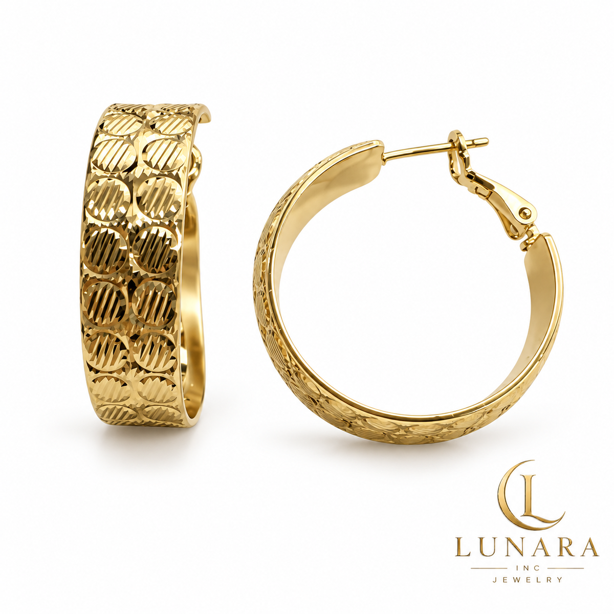 Gold Engraved Wide Hoop Earrings