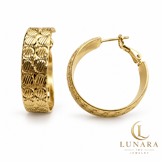 Gold Engraved Wide Hoop Earrings