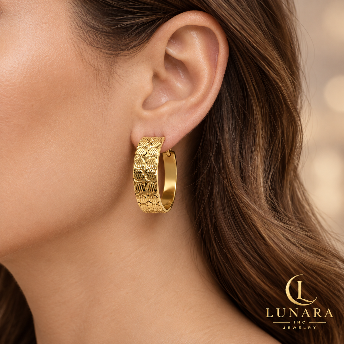 Gold Engraved Wide Hoop Earrings