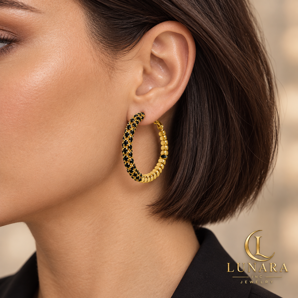 Black Zirconia Statement Hoop Earrings