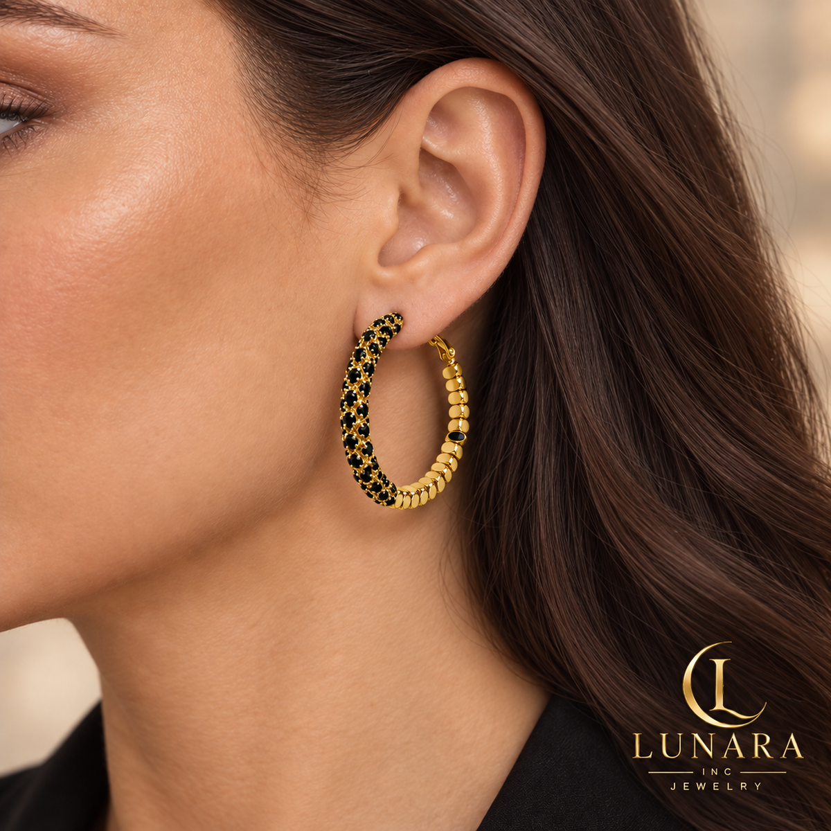 Black Zirconia Statement Hoop Earrings
