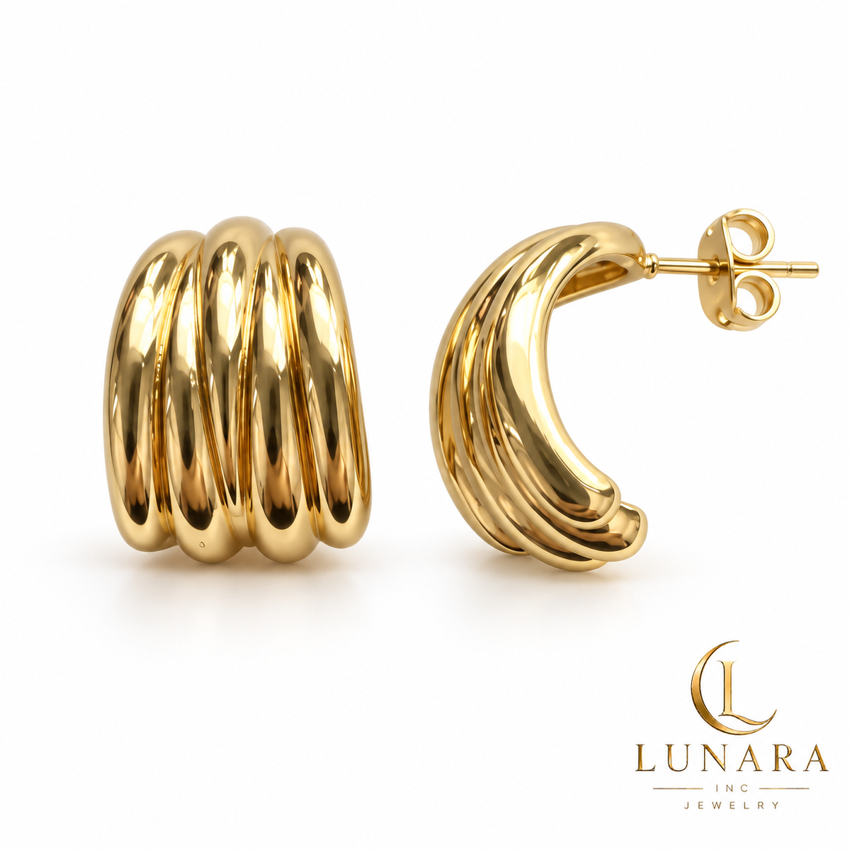 Gold Ribbed Half-Hoop Earrings