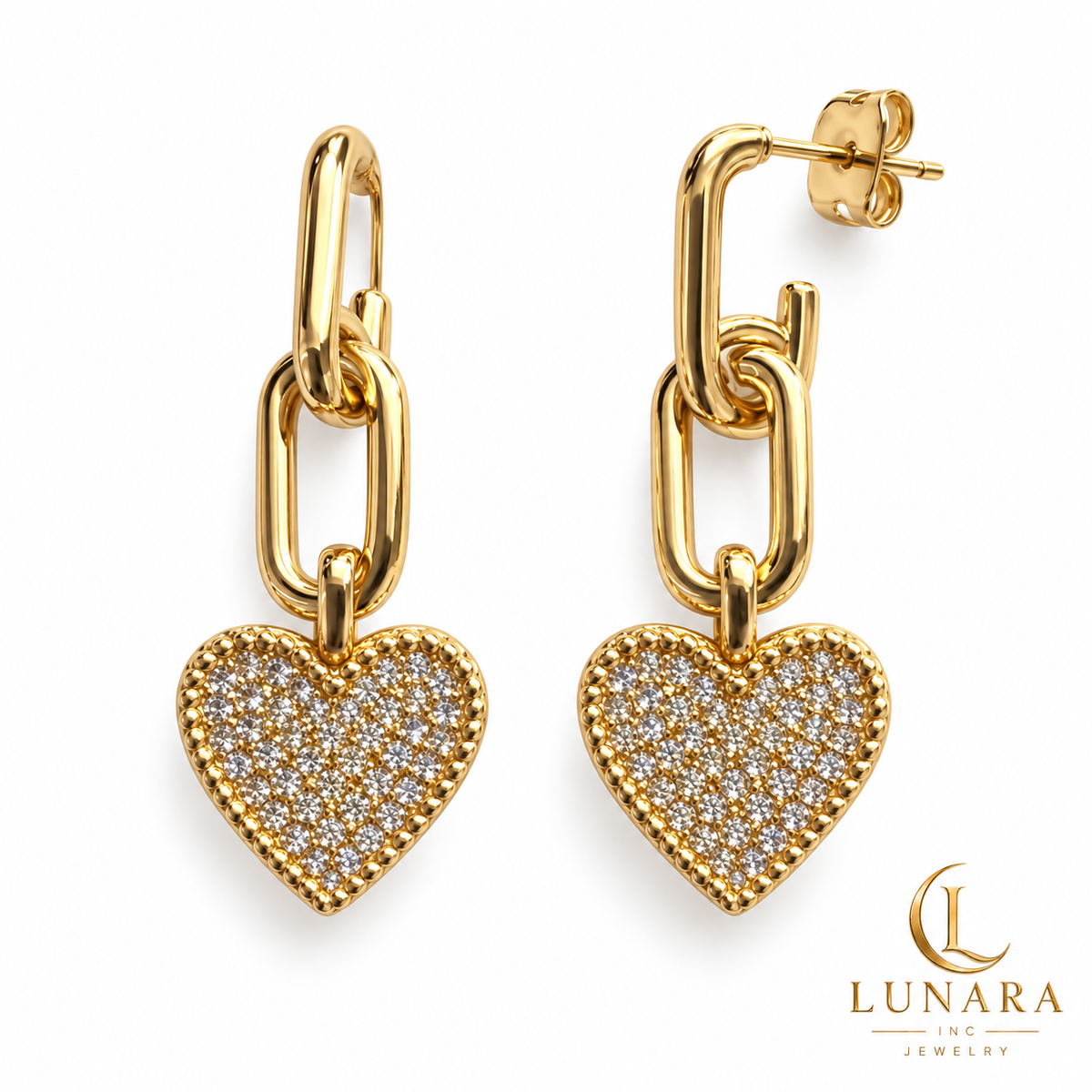 Pavé Heart Link Drop Earrings