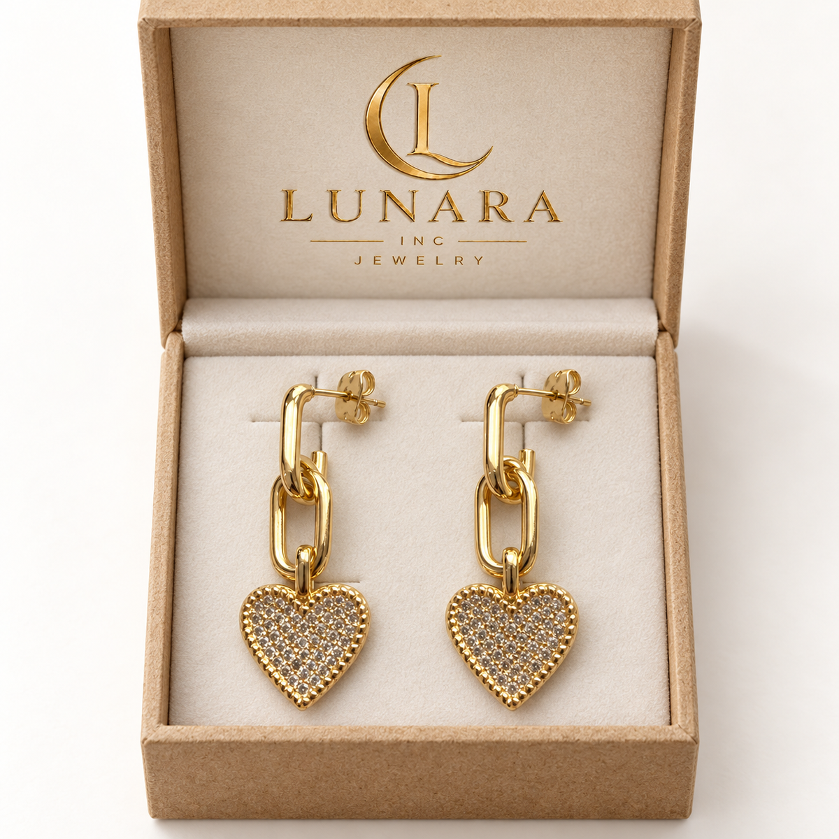 Pavé Heart Link Drop Earrings